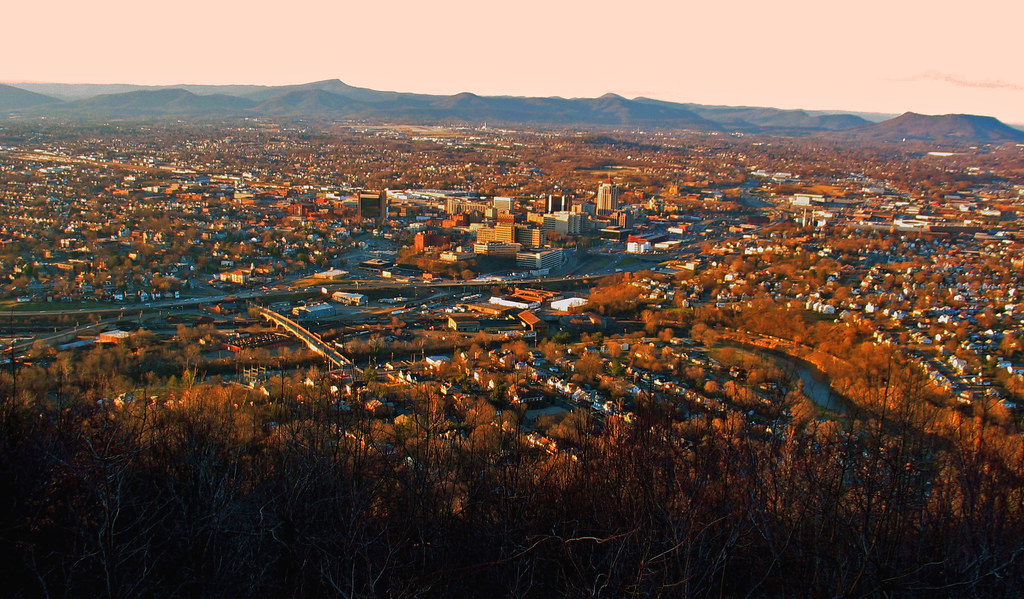 The Roanoke Valley at sunset, seen from the surrounding ridgeline